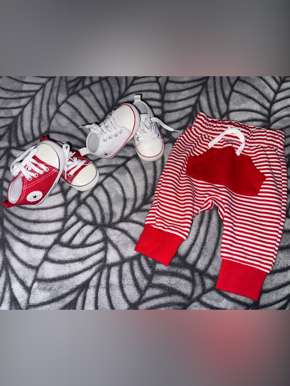 2 Faux Chuck’s Baby Crib Shoes - Red & White + Striped Baby Jogger Pants Sz NB